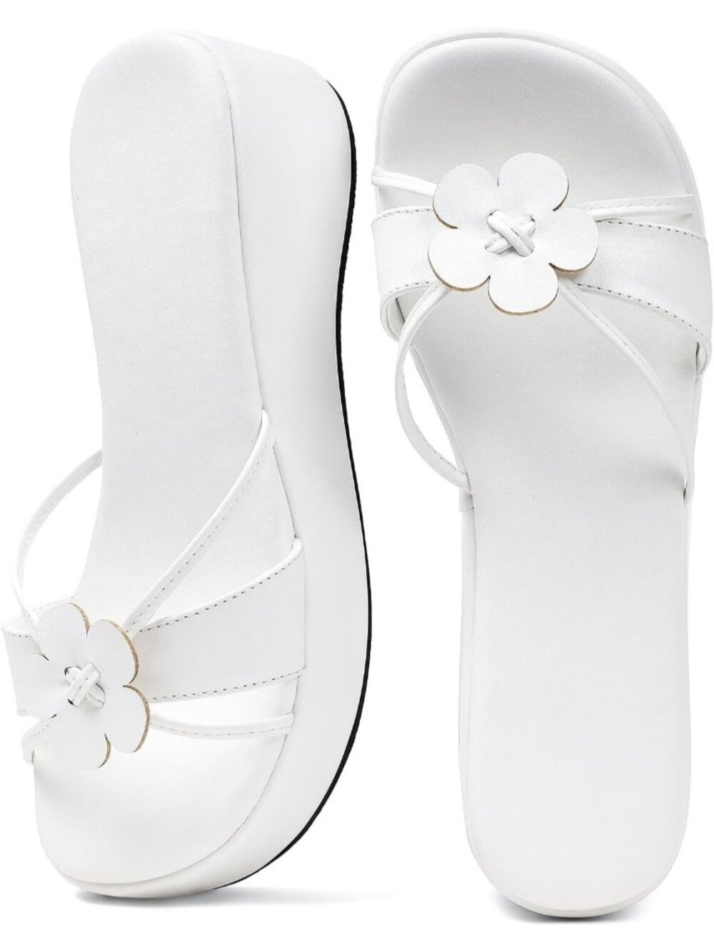Women's White Faux Leather Comfortable Chunky Floral Square Toe Wedge Sandals